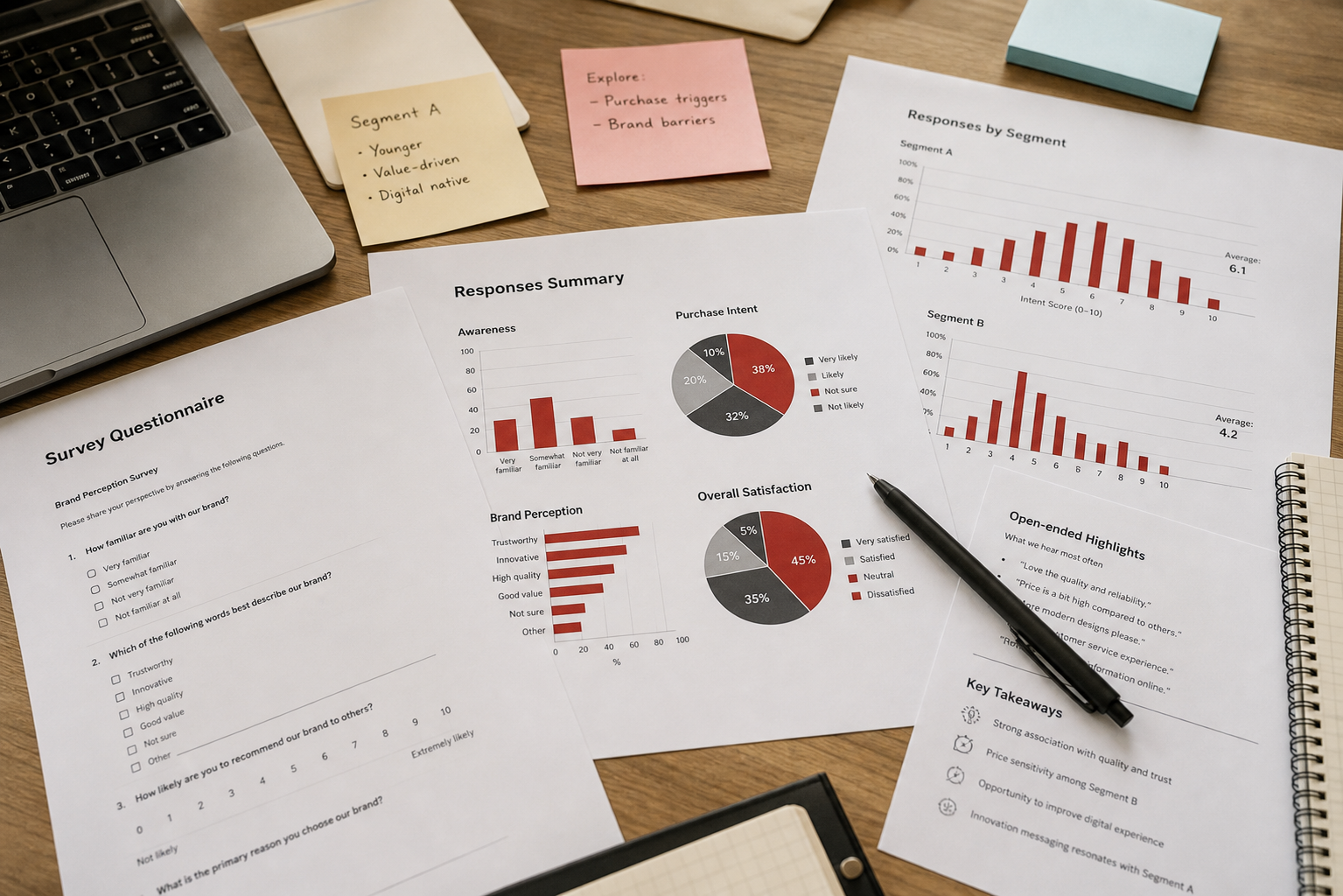Printed survey questionnaires and response summary charts on a consulting desk.